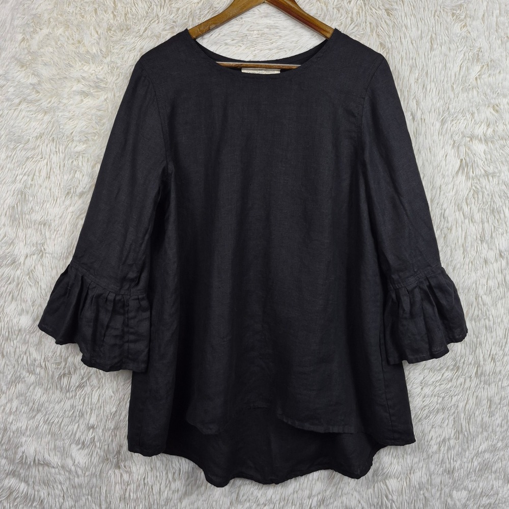 Crown Linen Designs Black Linen 3/4 Flounce Sleeve Tunic Hi Low Top Lagenlook